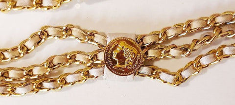 *  VINTAGE GOLD METAL FAUX FRENCH COINS & LEATHER 3 ROW CHAIN BELT