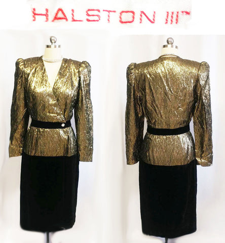 *VINTAGE '80s DESIGNER HALSTON III BLACK AND SPARKLING METALLIC GOLD LAME VELVET COCKTAIL DRESS /  EVENING DRESS