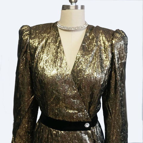 *VINTAGE '80s DESIGNER HALSTON III BLACK AND SPARKLING METALLIC GOLD LAME VELVET COCKTAIL DRESS /  EVENING DRESS