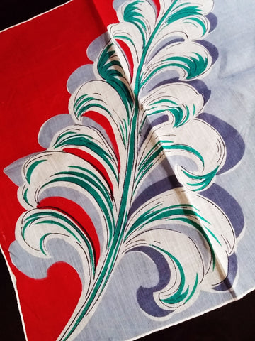 *VINTAGE LIPSTICK RED, GRAY & TEAL FEATHER PLUME HANDKERCHIEF - BEAUTIFUL COLORS