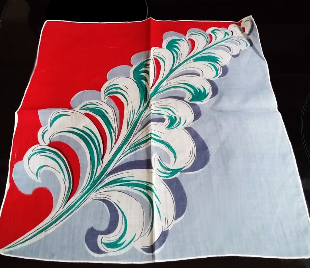 *VINTAGE LIPSTICK RED, GRAY & TEAL FEATHER PLUME HANDKERCHIEF - BEAUTIFUL COLORS