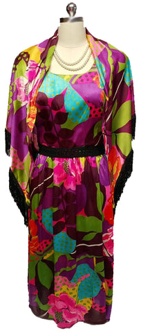 *VINTAGE H/B JRS. OF CALIFORNIA SILKY DRESS WITH MATCHING PIANO FRINGE SHAWL - GORGEOUS COLORS!