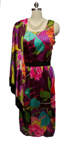 *VINTAGE H/B JRS. OF CALIFORNIA SILKY DRESS WITH MATCHING PIANO FRINGE SHAWL - GORGEOUS COLORS!