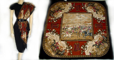 *MADE IN ITALY BROWN & GOLD HORSES DOGS WITH BRAID LOOK HUNT SCENE FRINGE SCARF