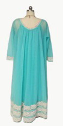 *  VINTAGE SOUTHERN BELLE INTIME OF CALIFORNIA LACEY DOUBLE NYLON PEIGNOIR & NIGHTGOWN SET IN AQUAMARINE