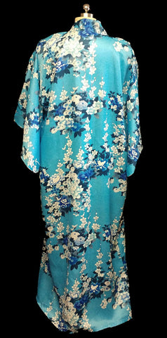 *VINTAGE ORIENTAL ASIAN CHRYSANTHEMUMS & BLOSSOMS SILKY KIMON0 PEIGNOIR WITH HUGE SLEEVES FROM JAPAN