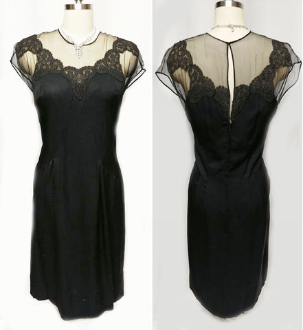 *VINTAGE "70S BLACK ILLUSION JEAN OF CALIFORNIA COCKTAIL DRESS ADORNED WITH CHANTILLY LACE