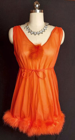 *  VINTAGE JENELLE MARABOU BABYDOLL DOUBLE NYLON NIGHTGOWN WITH HOLLYWOOD BACK IN TANGERINE