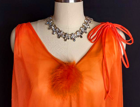 *  VINTAGE JENELLE MARABOU BABYDOLL DOUBLE NYLON NIGHTGOWN WITH HOLLYWOOD BACK IN TANGERINE