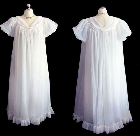 VINTAGE JENELLE OF CALIFORNIA DOUBLE NYLON PEIGNOIR & NIGHTGOWN SET TRIMMED WITH SATIN IN BRIDAL WHITE