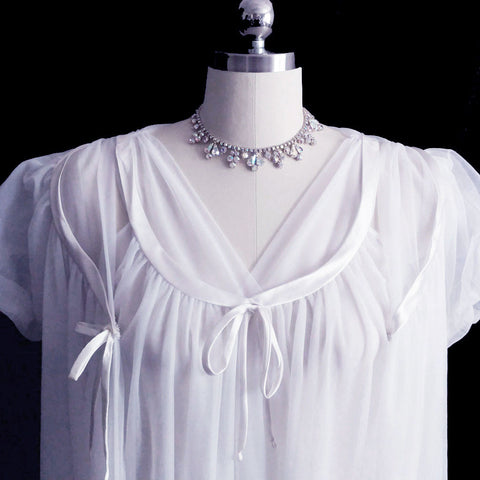*VINTAGE JENELLE OF CALIFORNIA DOUBLE NYLON PEIGNOIR & NIGHTGOWN SET TRIMMED WITH SATIN IN BRIDAL WHITE