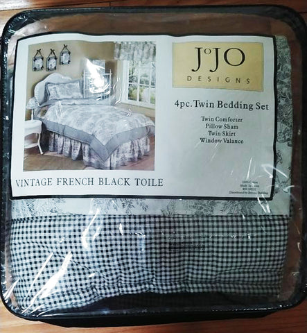 BRAND NEW  - NEVER USED - JO JO DESIGNS VINTAGE FRENCH BLACK TOILE & CHECKS TWIN 4 PIECE BEDDING SET - COMFORTER, PILLOW SHAM, TWIN BED SKIRT & WINDOW VALANCE