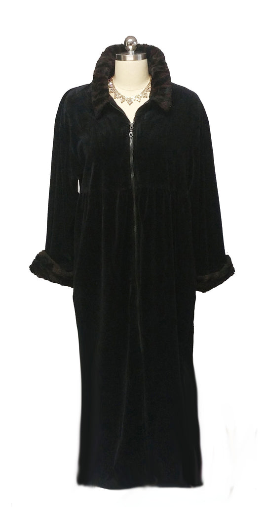 VINTAGE JUDITH HART BLACK ZIP UP VELOUR ROBE DRESSING GOWN W FAUX FUR COLLAR & CUFFS  - LARGE