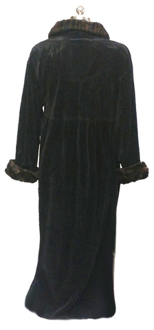 VINTAGE JUDITH HART BLACK ZIP UP VELOUR ROBE DRESSING GOWN W FAUX FUR COLLAR & CUFFS  - LARGE