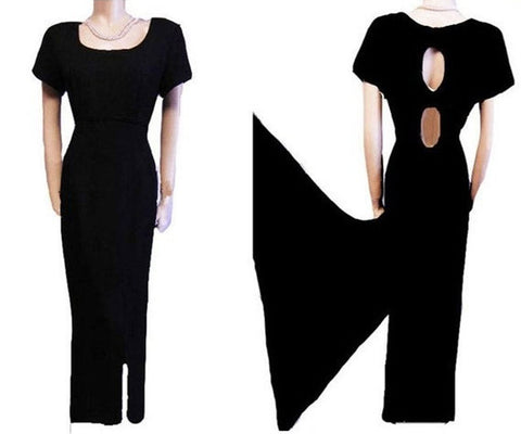 *SOPHISTICATED VINTAGE '90s JEFFREY & DARA BLACK EVENING GOWN WITH ROUND CUT OUT BACK WITH FLOWING CHIFFON PANELS