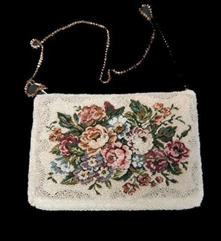 * VINTAGE '60s / '70s LA REGALE PETTIPOINT & PEARLS HAND MADE FLORAL EVENING BAG / EVENING PURSE