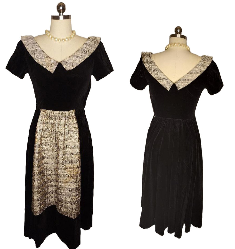 *  VINTAGE LANZ BLACK VELVETY DRESS WITH METALLIC GOLD AND SILVER BROCADE APRON ON THE FRONT
