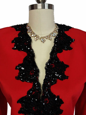 VINTAGE '80s LIAN CARLO NEIMAN MARCUS SCARLET EVENING JACKET ENCRUSTED WITH BLACK CHANTILLY LACE,  SPARKLING SEQUINS & BEADING