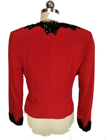 VINTAGE '80s LIAN CARLO NEIMAN MARCUS SCARLET EVENING JACKET ENCRUSTED WITH BLACK CHANTILLY LACE,  SPARKLING SEQUINS & BEADING