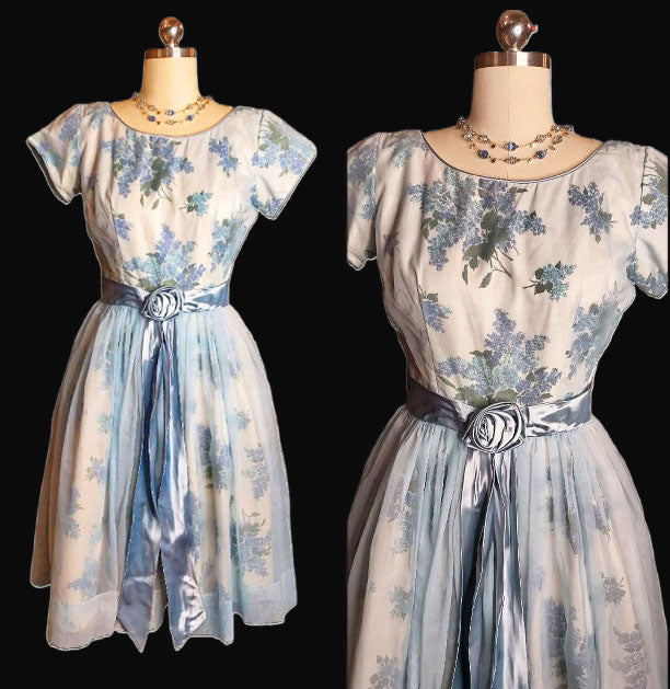 *  VINTAGE EARLY '50s SPRING LILAC NYLON AND POLISHED COTTON METAL ZIPPER DRESS ADORNED WITH BLUE SATIN RIBBON AND ROSE - ABSOLUTELY BEAUTIFUL!