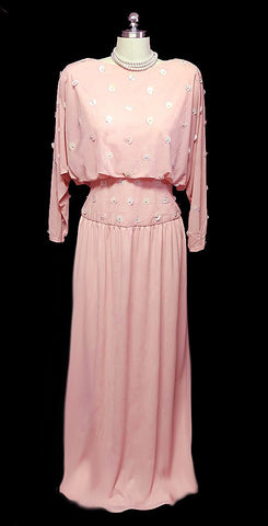 *VINTAGE LILLIE RUBIN PEARL & PAILLETTES BEADED PINK EVENING GOWN