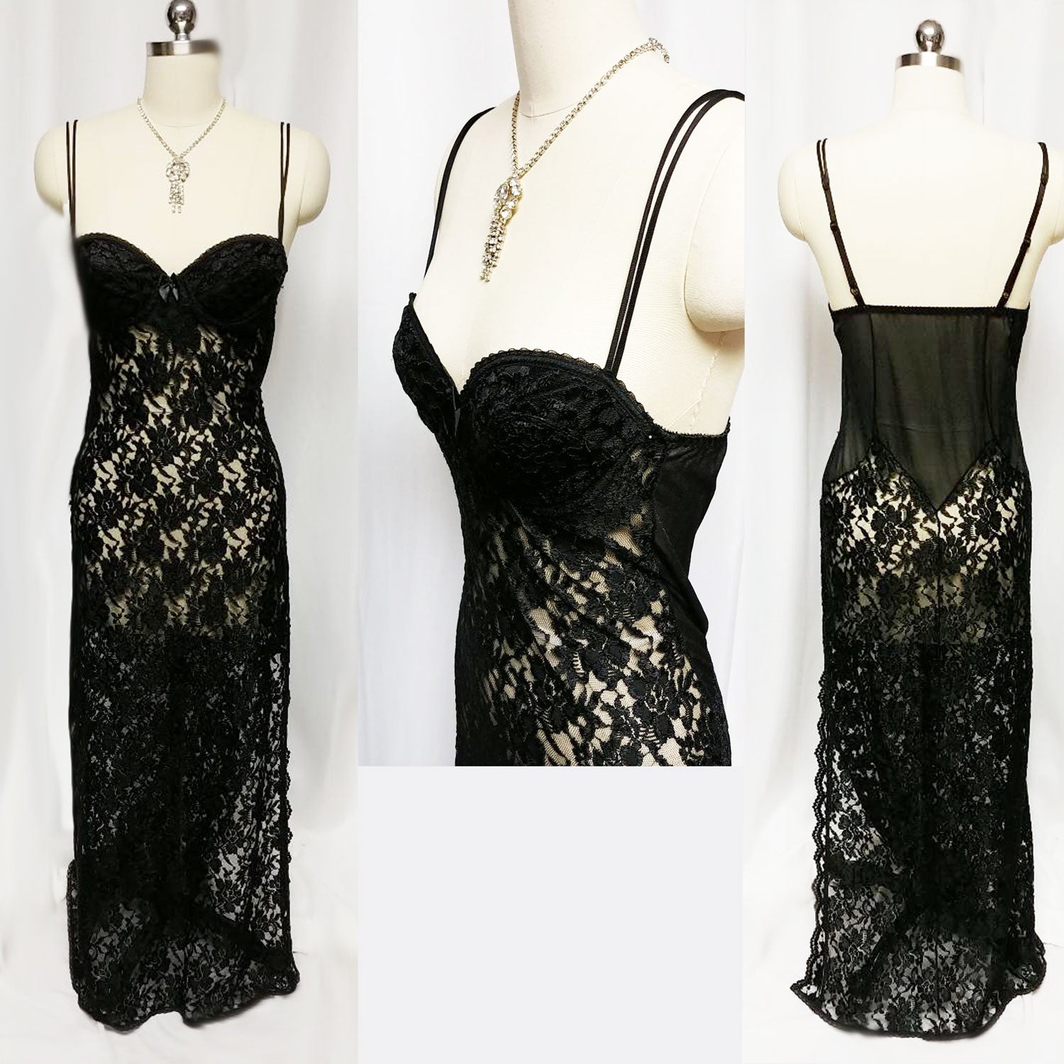 SOPHISTICATED VINTAGE LILY OF FRANCE BY DELORES SPANDEX BLACK LACE NIG –  Vintage Clothing & Fashions