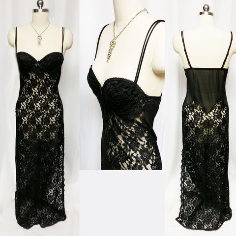 *SOPHISTICATED VINTAGE LILY OF FRANCE BY DELORES SPANDEX BLACK LACE NIGHTGOWN WITH UNDERWIRE BRA