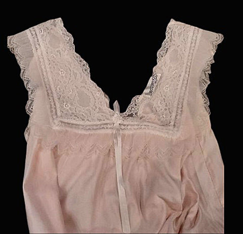 *   VINTAGE LILY OF FRANCE FLANNEL LINED SATIN, PLEATS AND LACE NIGHTGOWN IN PARIS PINK