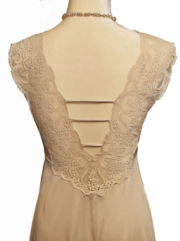*VINTAGE LILY OF FRANCE BY ROSA PULEO-SZULE ALL LACE PLUNGING BODICE & BACK NIGHTGOWN IN BROWN SUGAR - MADE IN THE U.S.A.