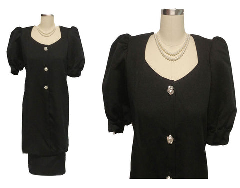 *VINTAGE MA MERE BLACK FAILLE EVENING DRESS WITH SPARKLING RHINESTONE BUTTONS