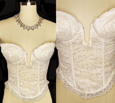 * VINTAGE GLAMOROUS LACE AND LYCRA PLUNGING NECKLINE MERRY WIDOW BUSTIER 34 B