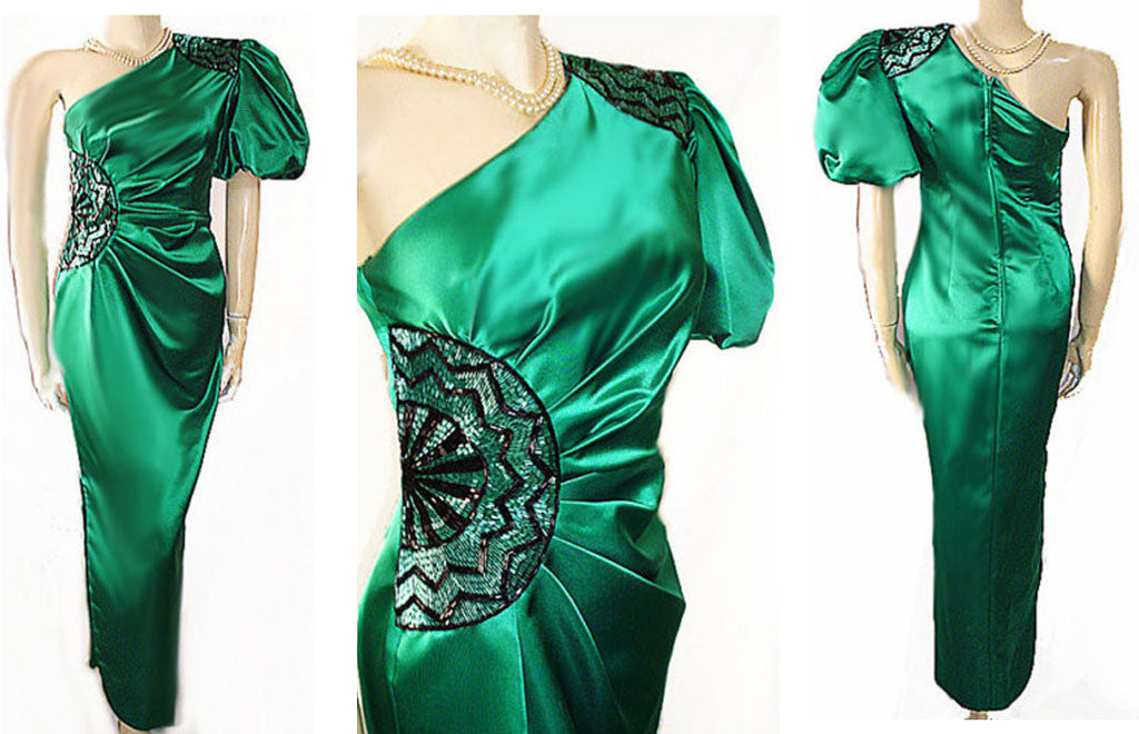 VINTAGE MISS BERGDORF FROM BERGDORF GOODMAN EMERALD SATIN ONE SHOULDE Vintage Clothing Fashions Midnight Glamour
