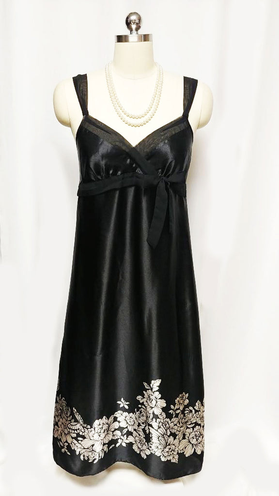*MORGAN TAYLOR INTIMATES BLACK & CHAMPAGNE SATIN FLORAL WITH BUTTERFLIES NIGHTGOWN ADORNED WITH BOW