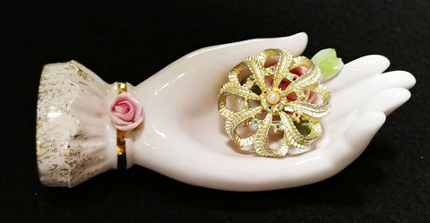 VINTAGE '70s GOLD TONE CURLED LEAF PIN BROACH STUDDED WITH AURORA BOREALIS RHINESTONES & A PEARL
