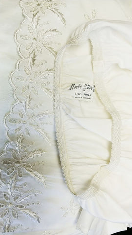 FANCY VINTAGE MOVIE STAR GLISTENING SILVERY WHITE EMBROIDERED EYELET HALF SLIP  - MADE IN THE U.A.