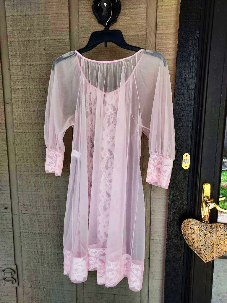 vintage sheer dressing gown See Through Vintage Negligee Robe, Pink Chiffon Lace Dressing Gown Old Hollywood
