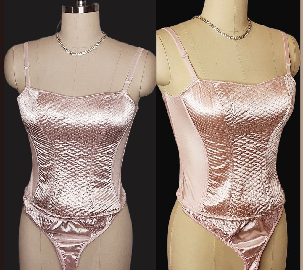 VINTAGE NATIVE INTIMATES PINK QUILTED SATIN MERRY WIDOW WITH THONG