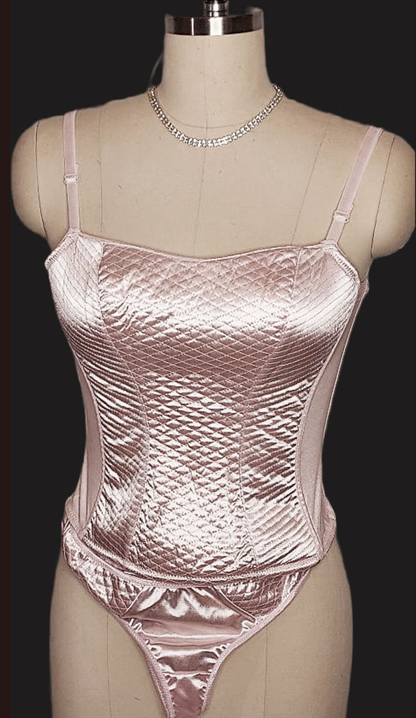 VINTAGE NATIVE INTIMATES PINK QUILTED SATIN MERRY WIDOW WITH THONG P –  Vintage Clothing & Fashions