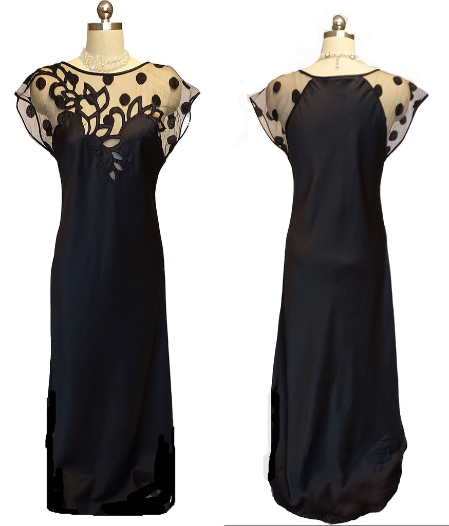 *  VINTAGE 1980S NATORI BLACK SATIN AND NET NIGHTGOWN ADORNED WITH APPLIQUES SPOTS
