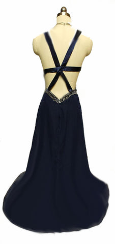 VINTAGE NAVY SEQUIN SIDE CUT OUTS EVENING GOWN WITH A BEAUTIFULS SATIN STRAPPY BACK