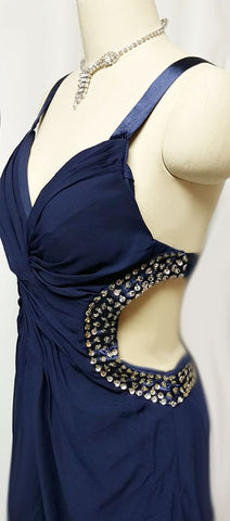 VINTAGE NAVY SEQUIN SIDE CUT OUTS EVENING GOWN WITH A BEAUTIFULS SATIN STRAPPY BACK