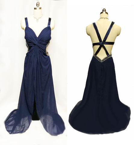 VINTAGE NAVY SEQUIN SIDE CUT OUTS EVENING GOWN WITH A BEAUTIFULS SATIN STRAPPY BACK