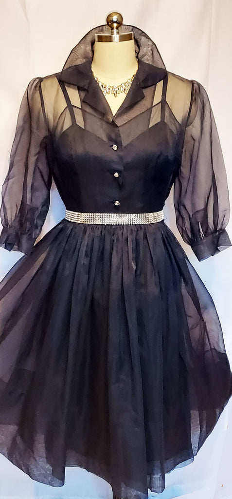 *  VINTAGE 50S NAVY SHEER GRAND SWEEP DRESS WITH METAL ZIPPER SPARKING RHINESTONE BUTTONS