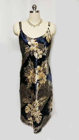 *VINTAGE CALIFORNIA DYNASTY NAVY & GOLD SATIN PEIGNOIR BED JACKET AND NIGHTGOWN IN HAWAIIAN PRINT