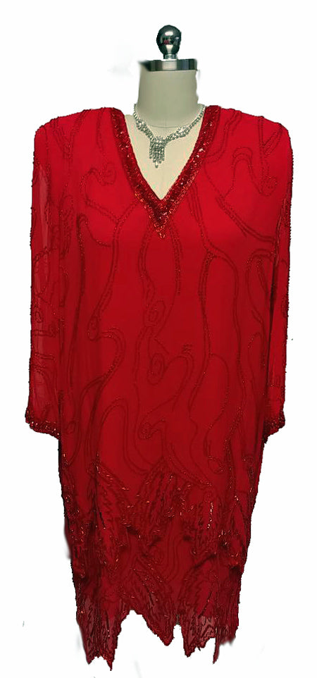 *VINTAGE NITE LINE HOLIDAY RED SILK SEQUIN & BEADED DRESS - LARGER SIZE