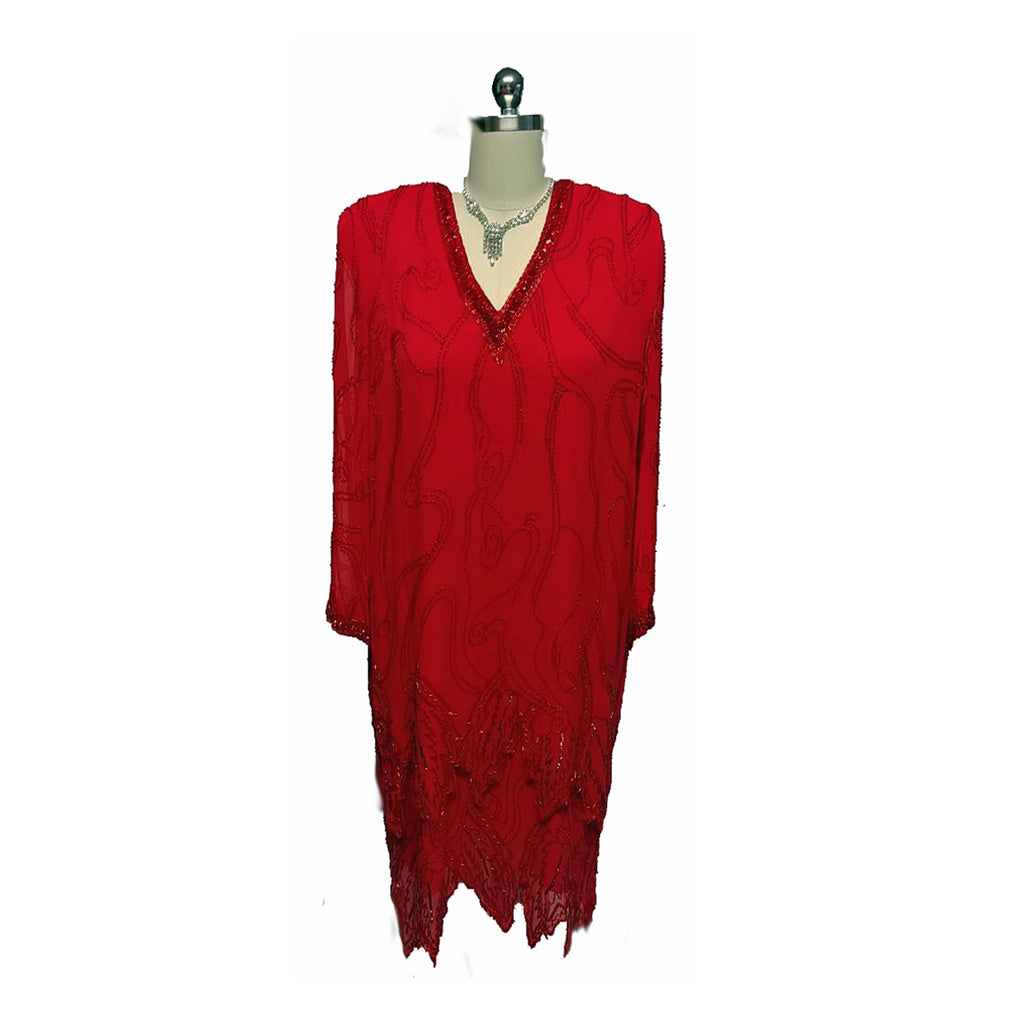 VINTAGE NITE LINE HOLIDAY RED SILK SEQUIN & BEADED DRESS - LARGER SIZ Vintage Clothing & Fashions | Midnight Glamour VINTAGE NITE LINE HOLIDAY RED SILK SEQUIN & BEADED DRESS - LARGER SIZ Vintage Clothing & Fashions | Midnight Glamour