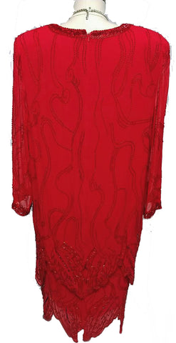 *VINTAGE NITE LINE HOLIDAY RED SILK SEQUIN & BEADED DRESS - LARGER SIZE