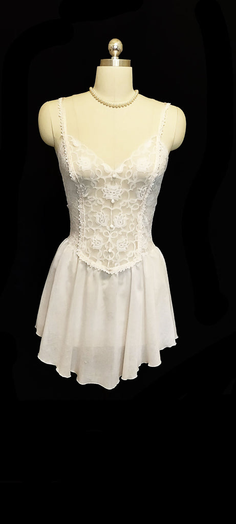 *RARE VINTAGE OLGA SPANDEX LACE BABYDOLL NIGHTGOWN IN SNOWY WHITE WITH PINK SATIN TRIM