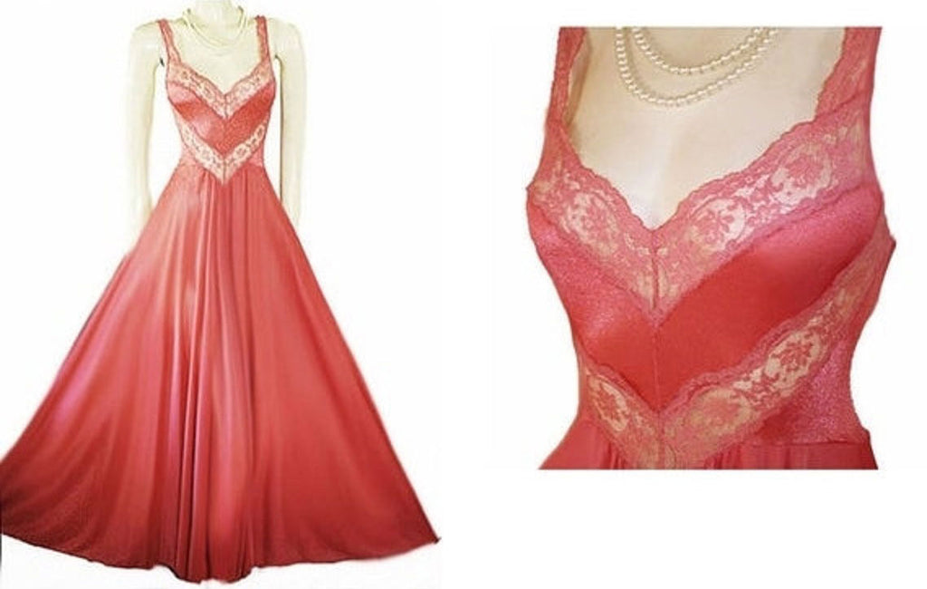 Vintage gorgeous pink nylon lace Olga Bodysilk gown nightgown large sweep -  Small to Medium
