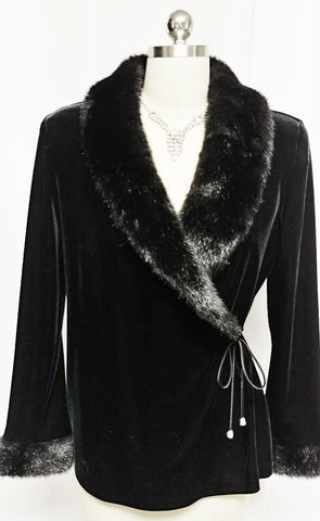 VINTAGE PATRA FAUX FUR VELVETY BLACK  EVENING JACKET WITH RHINESTONE SATIN TIES - PERFECT OVER EVENING GOWNS, COCKTAIL DRESSES OR WITH JEANS